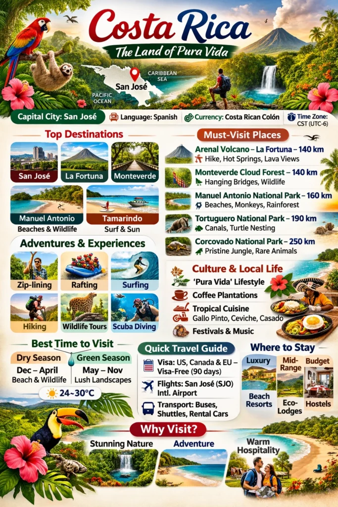 Complete Travel Guide to Costa Rica: Rainforests, Beaches, Wildlife & Smart Trip Planning % Costa Rica Infographic 1