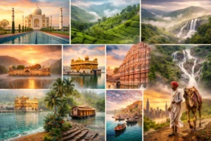 A vibrant travel collage showcasing the best places to visit in India during July, featuring the Taj Mahal in Agra, lush tea plantations of Munnar, majestic Dudhsagar Waterfalls, Jaipur’s palaces, the Golden Temple in Amritsar, Kerala backwaters houseboats, and scenic monsoon landscapes across India.